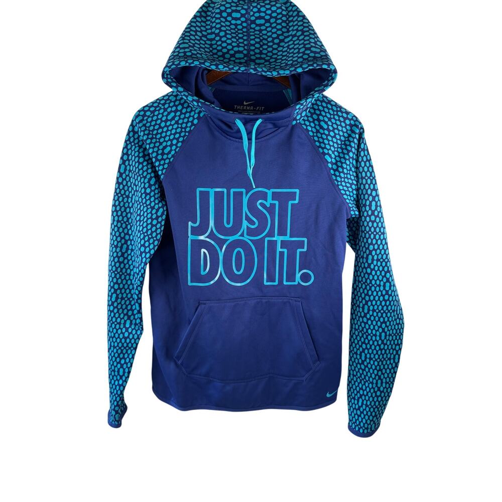 Nike Women’s S Therma-Fit Hoodie Blue Polka Dot Pullover Just Do It Activewear